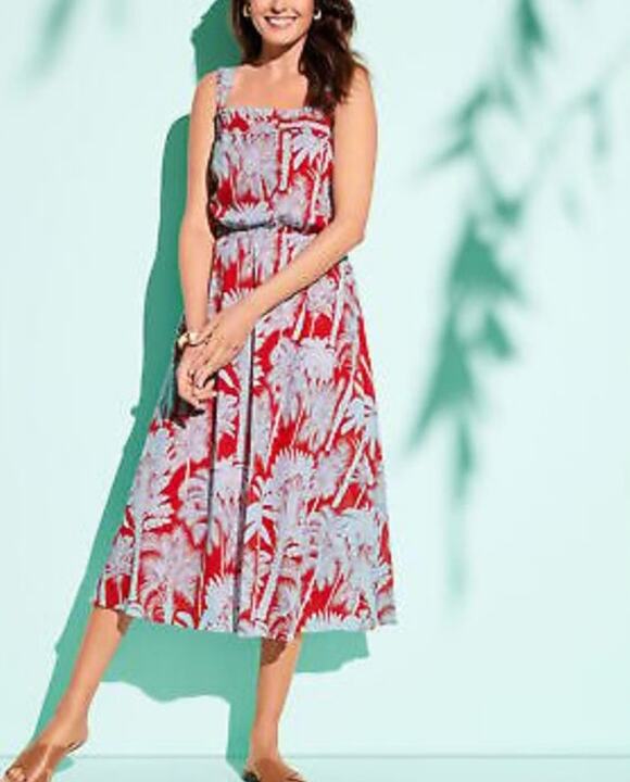 Talbots Dresses & Skirts - Talbots Women Fit & Flare Midi Dress 16 Red Oasis Palm Print Tropical Cotton